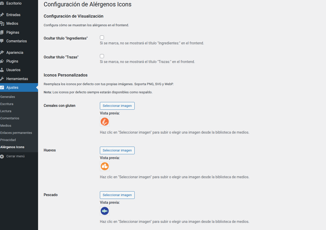 Configuración de Alergenos Icons en WordPress