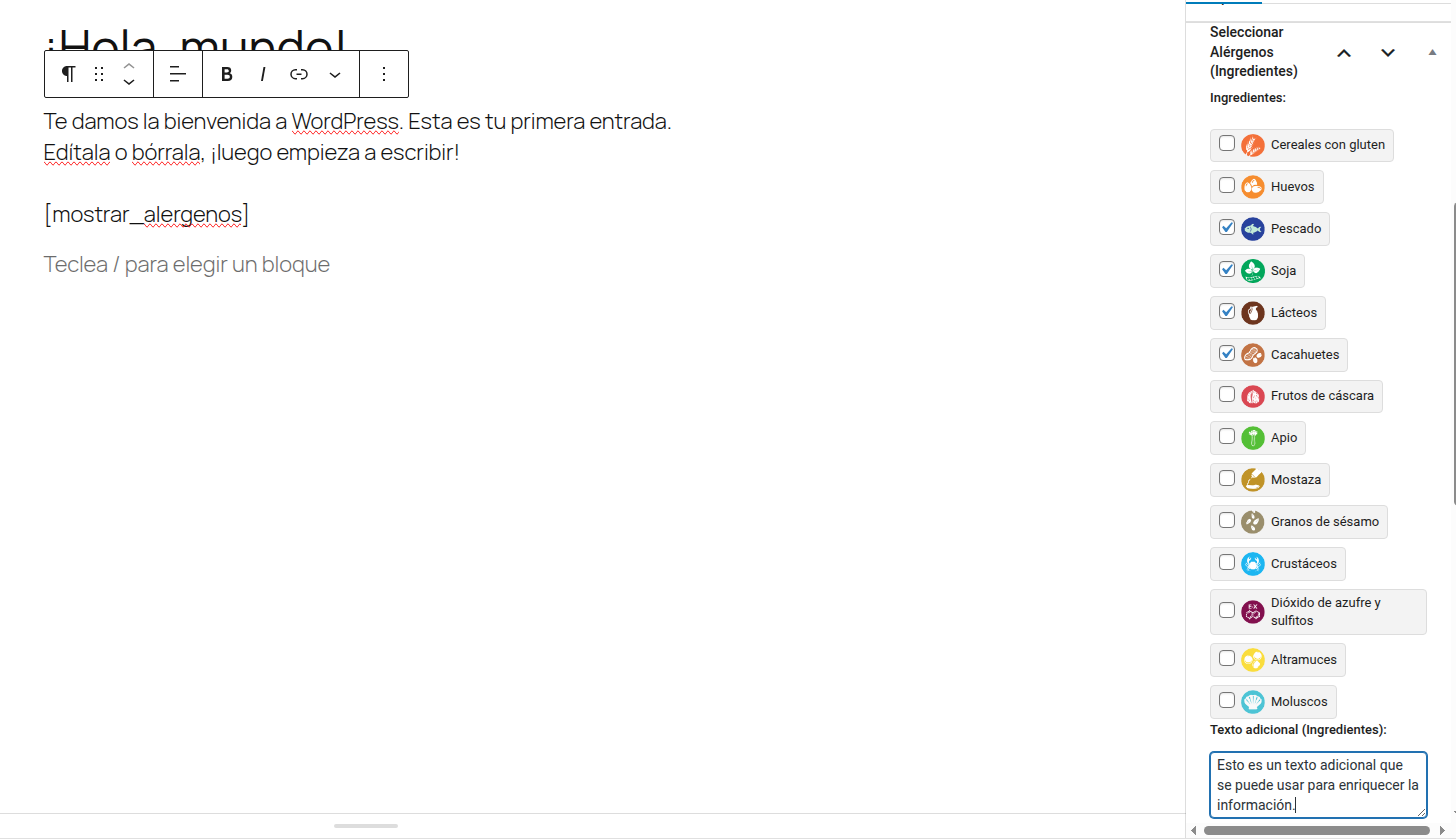 Panel de administración de Alergenos Icons en WordPress