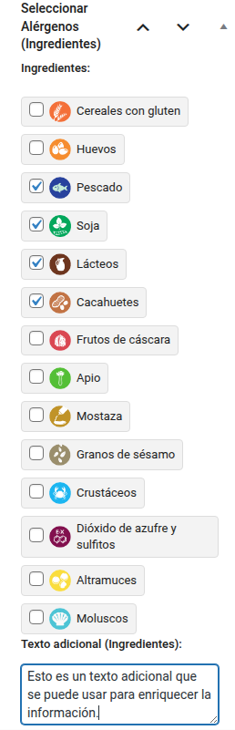Selección de alérgenos ingredientes en WordPress