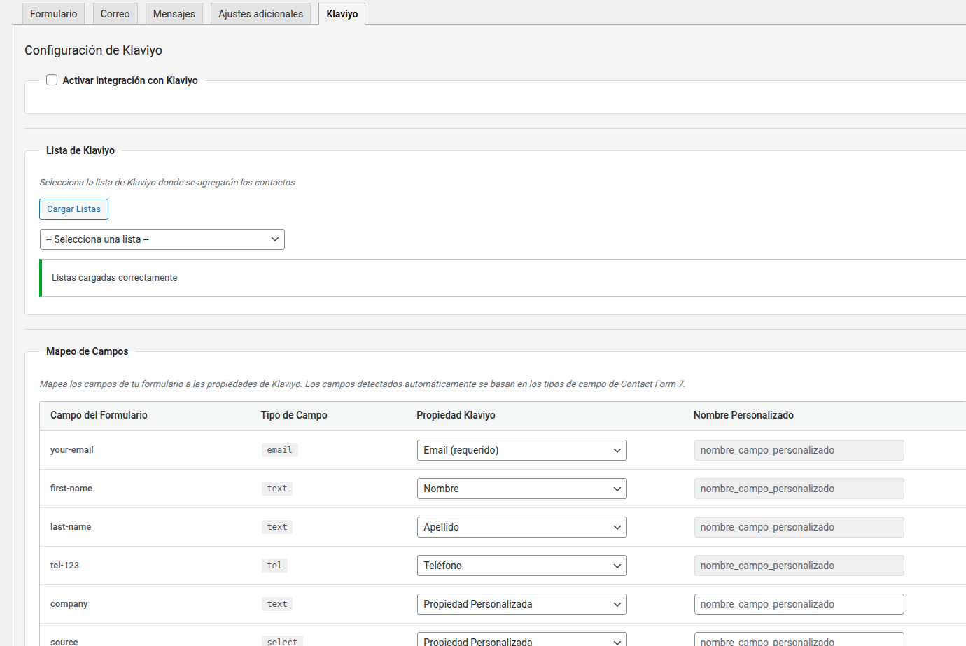 Integración gratuita de Klaviyo con Contact Form 7